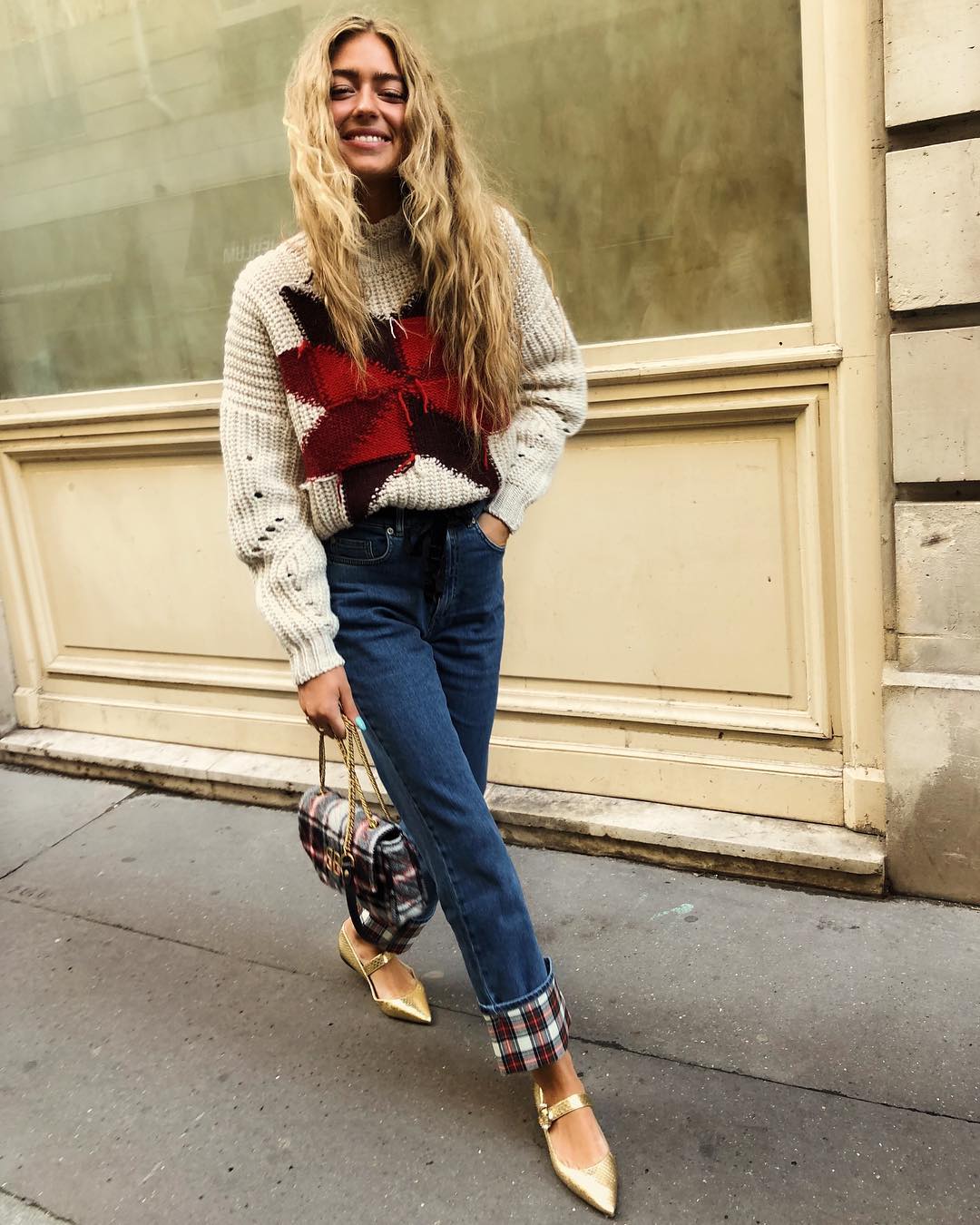 Intarsia Knit Sweater with Denim and Gold Flats Intarsia Knit Sweater with Denim and Gold Flats — Deep Winter Outfits