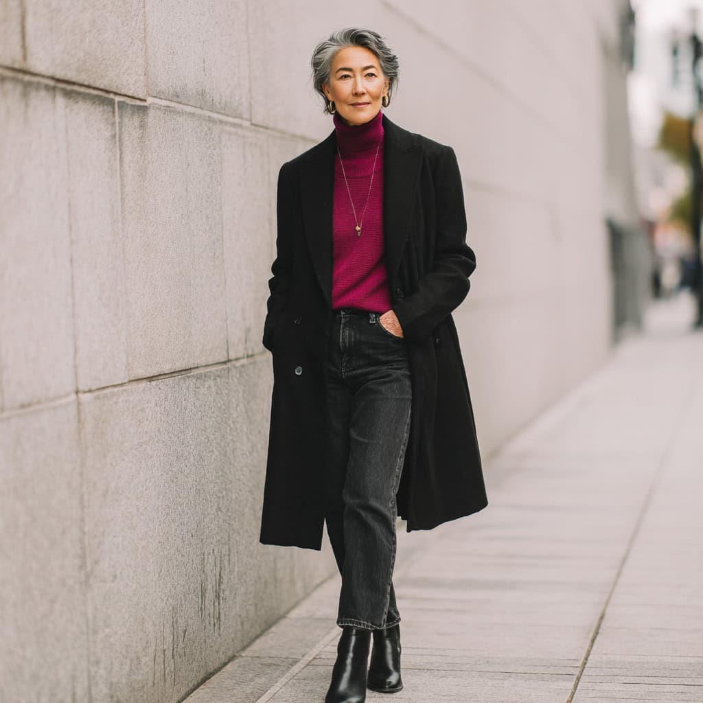 Black Wool Coat with Magenta Turtleneck Black Wool Coat with Magenta Turtleneck — Deep Winter Outfits