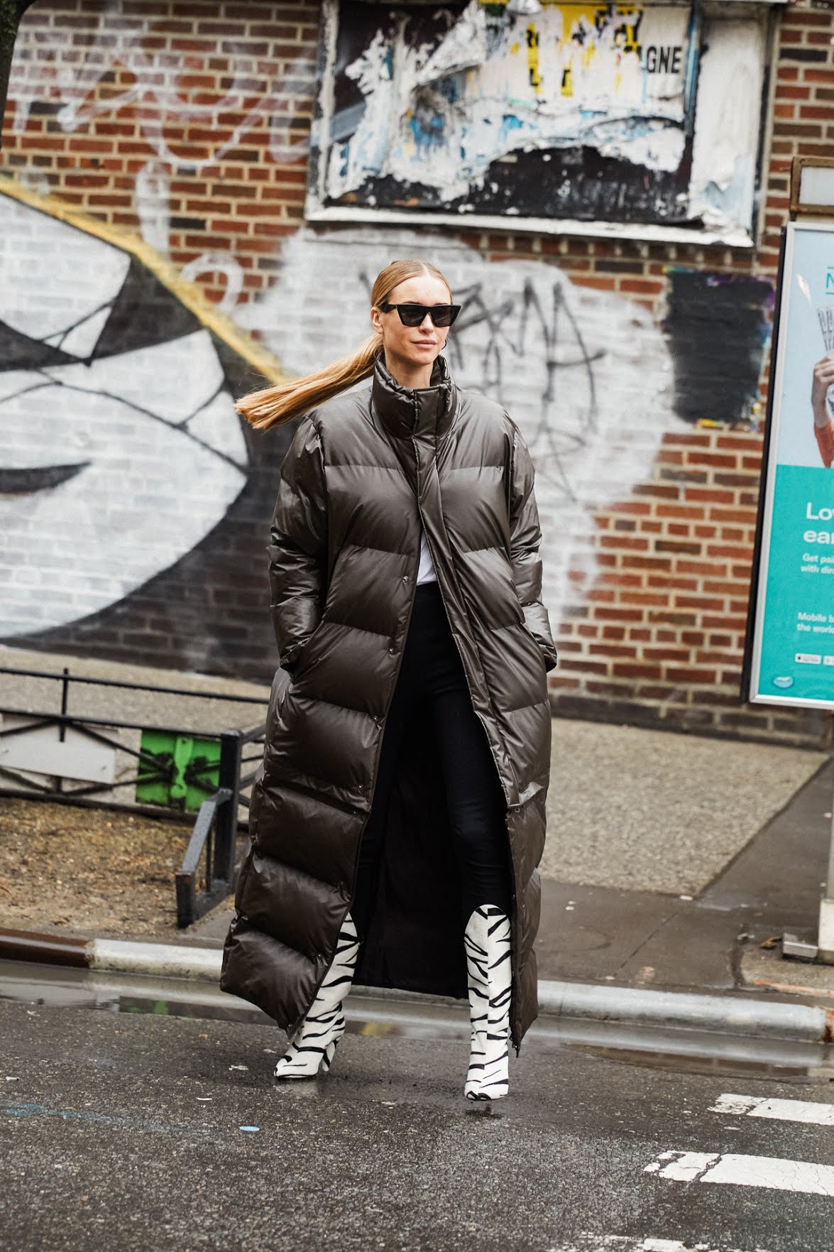 Dark Brown Puffer with Bold Zebra Print Boots Dark Brown Puffer with Bold Zebra Print Boots — Long Puffer Coat Outfits