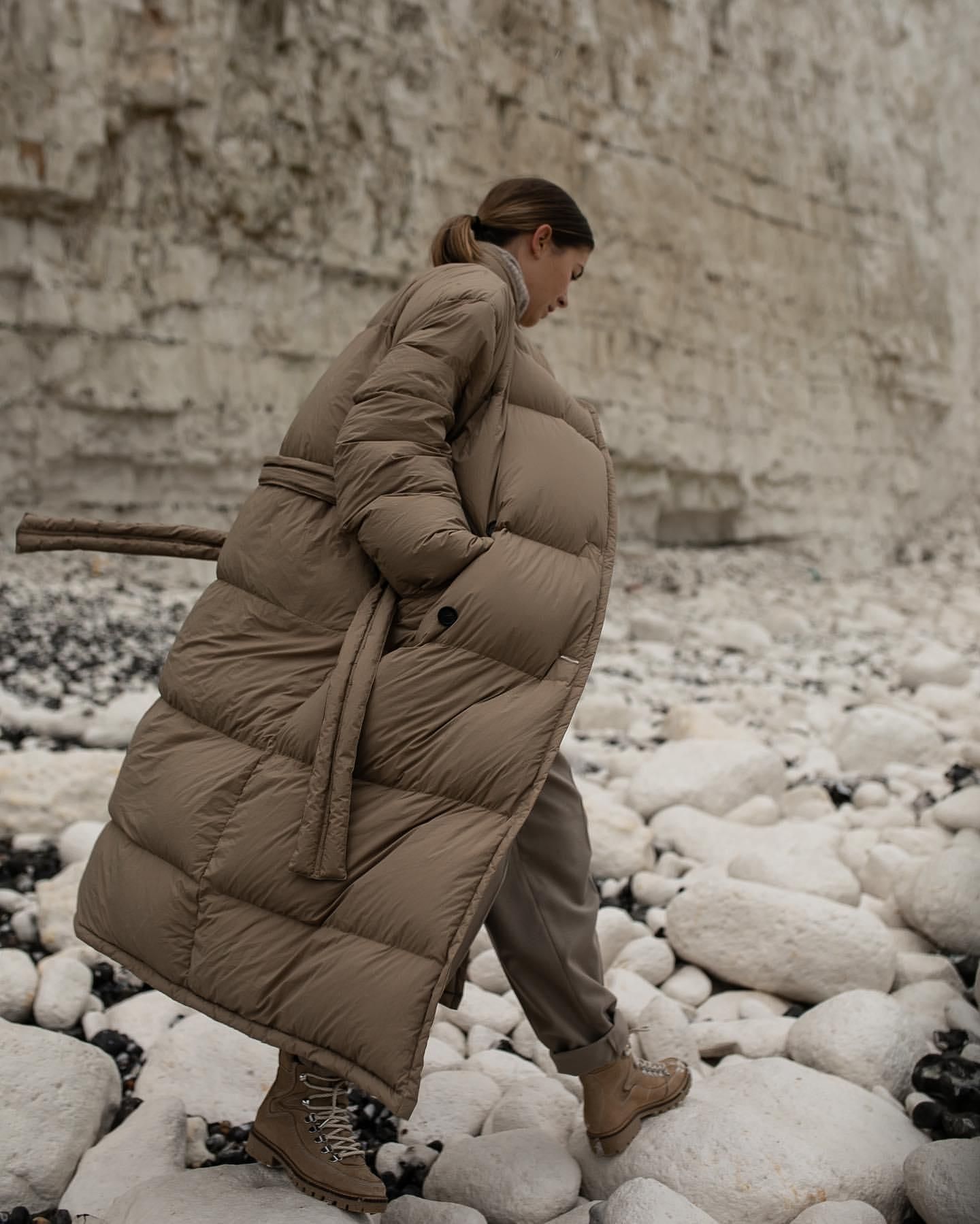Taupe Belted Puffer with Matching Trousers and Hiking Boots Taupe Belted Puffer with Matching Trousers and Hiking Boots — Long Puffer Coat Outfits