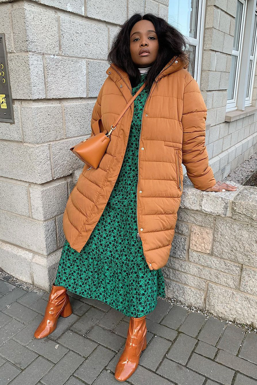 Orange Puffer with Green Dress and Shiny Boots Orange Puffer with Green Dress and Shiny Boots — Long Puffer Coat Outfits