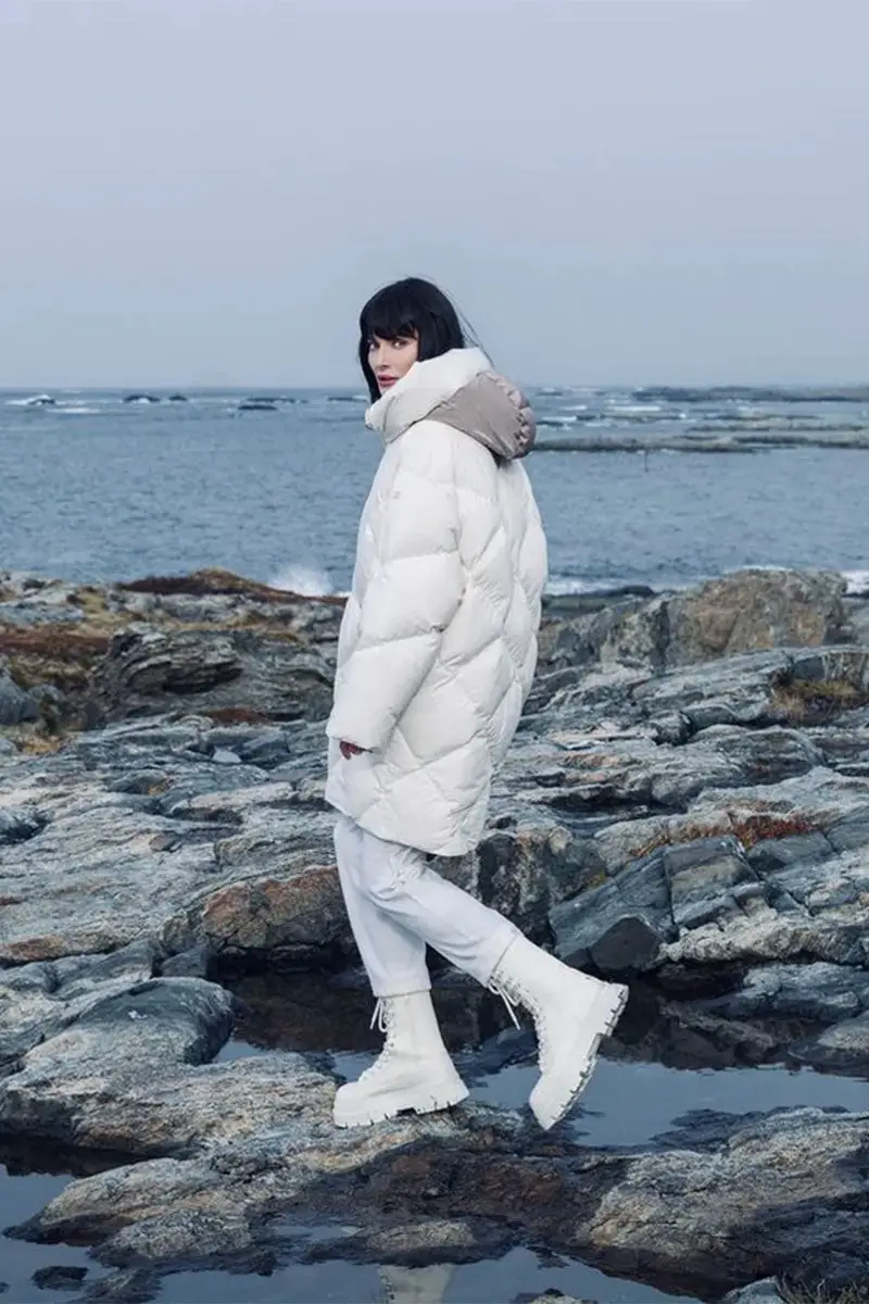 White Quilted Puffer with Hood and Lace-Up Boots White Quilted Puffer with Hood and Lace-Up Boots — Long Puffer Coat Outfits