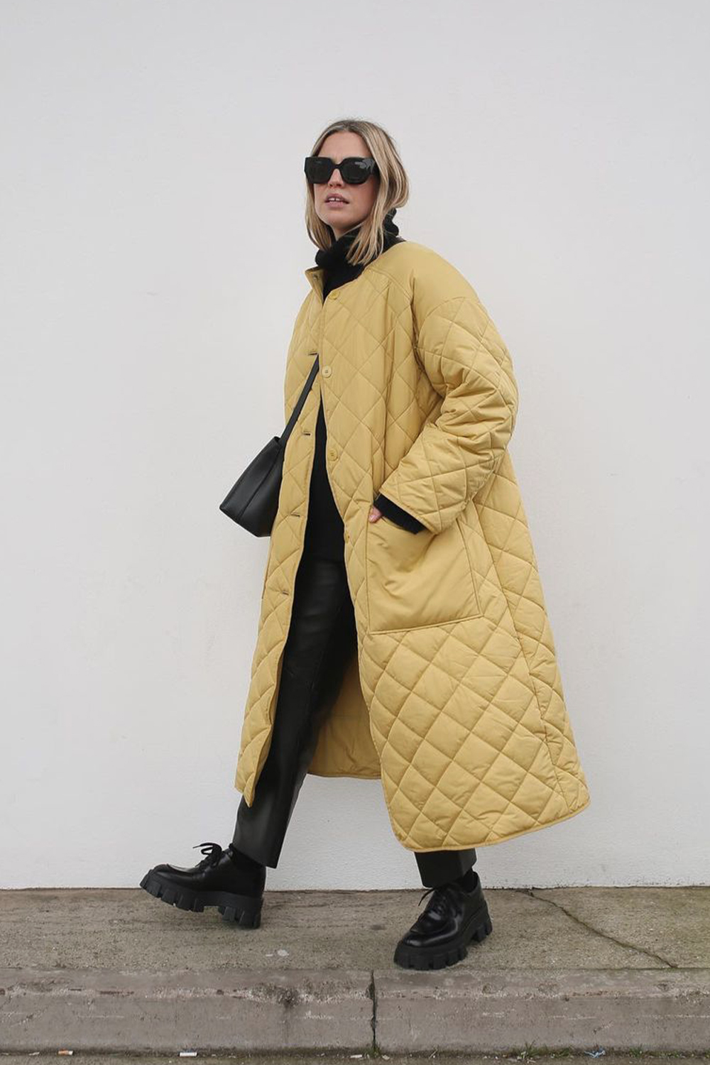 Yellow Quilted Puffer with Platform Boots and Crossbody Bag Yellow Quilted Puffer with Platform Boots and Crossbody Bag — Long Puffer Coat Outfits