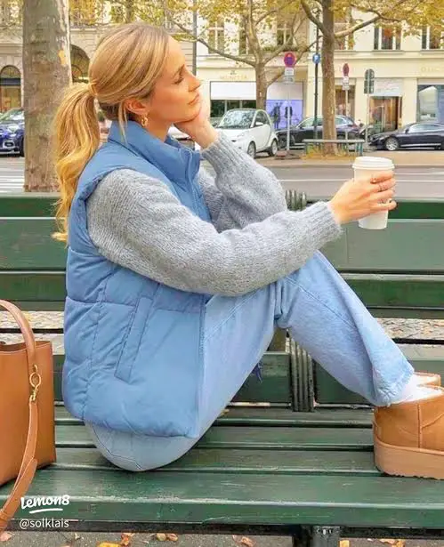 Light Blue Puffer Vest with Knit Sweater and Jeans Light Blue Puffer Vest with Knit Sweater and Jeans — Puffer Vest Outfits