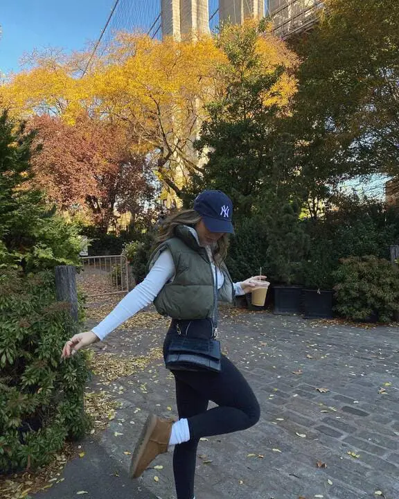 Olive Green Cropped Vest with Leggings and Cap Olive Green Cropped Vest with Leggings and Cap — Puffer Vest Outfits