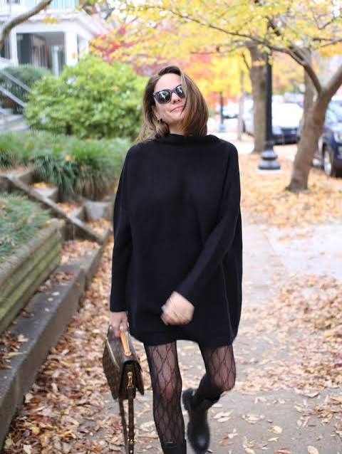 Oversized Black Sweater Dress with Patterned Tights Oversized Black Sweater Dress with Patterned Tights — Sweater Dress Outfits