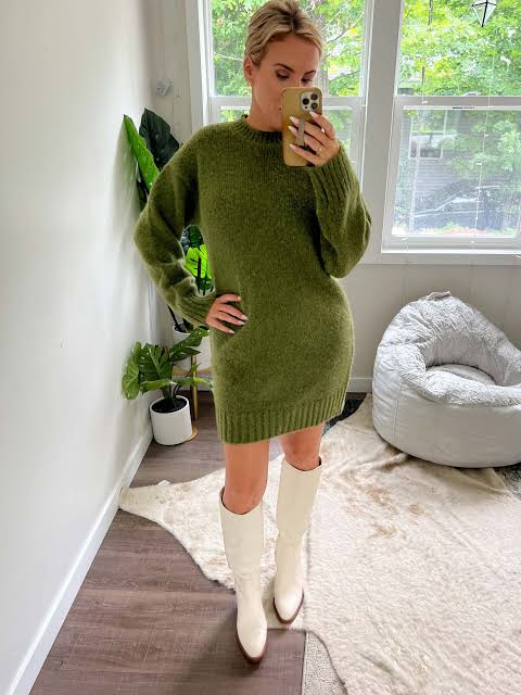 Chunky Green Knit Dress with White Knee-High Boots Chunky Green Knit Dress with White Knee-High Boots — Sweater Dress Outfits