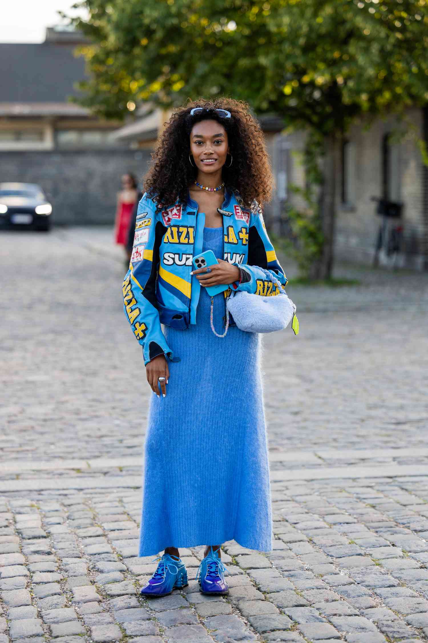 Blue Knit Maxi Dress with Moto Jacket Blue Knit Maxi Dress with Moto Jacket — Sweater Dress Outfits