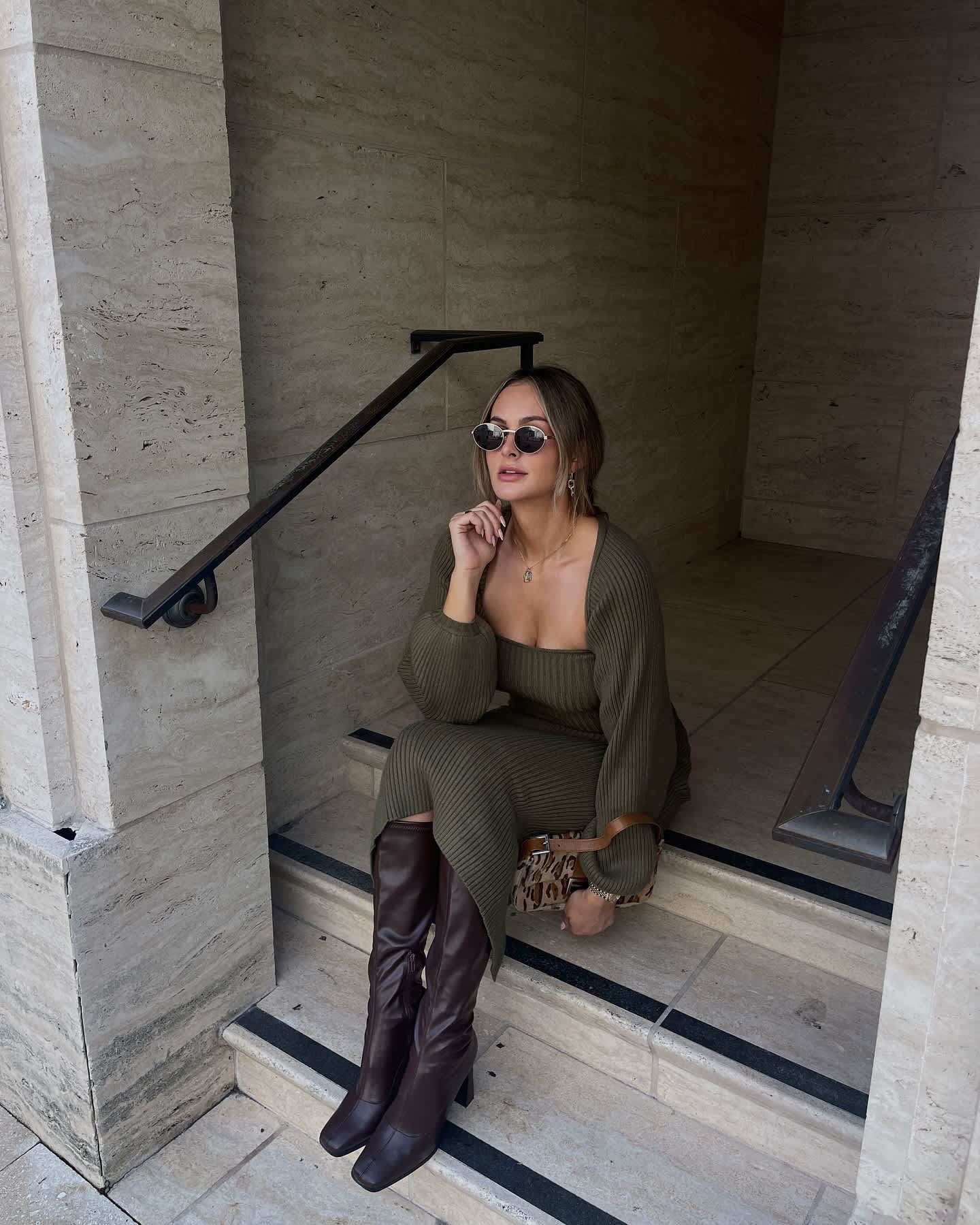 Olive Green Sweater Dress with Leopard Clutch Olive Green Sweater Dress with Leopard Clutch — Sweater Dress Outfits
