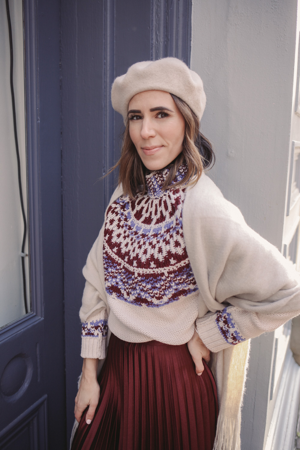 Fair Isle Sweater Under a Cardigan with a Pleated Skirt Fair Isle Sweater Under a Cardigan with a Pleated Skirt — Fair Isle Sweater Outfits