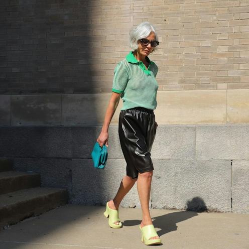 Bold Contrast: Faux Leather Bermuda Shorts with Bright Mules Bold Contrast: Faux Leather Bermuda Shorts with Bright Mules — Leather Skirt Outfits