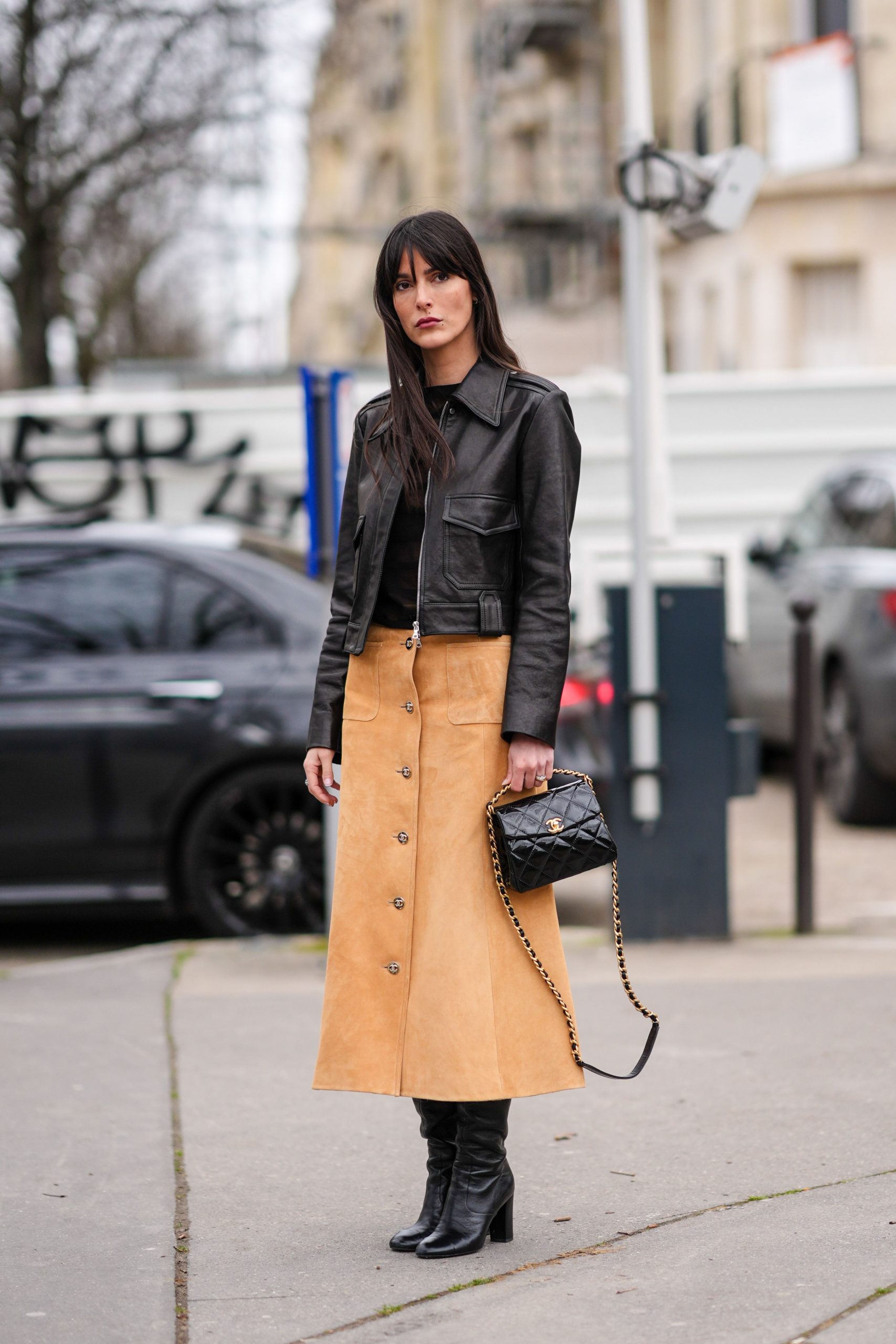 Elevated Casual: Tan Suede Midi Skirt with Leather Jacket Elevated Casual: Tan Suede Midi Skirt with Leather Jacket — Leather Skirt Outfits