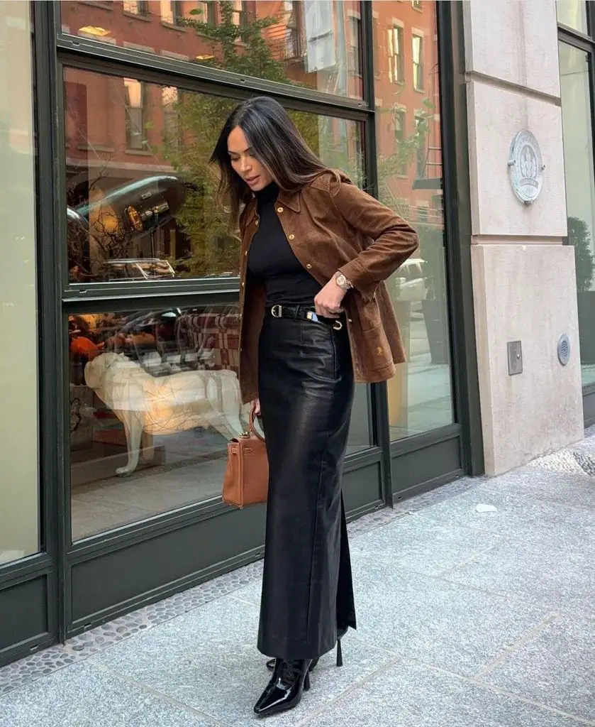 Autumnal Layers: Black Leather Maxi with Suede Jacket Autumnal Layers: Black Leather Maxi with Suede Jacket — Leather Skirt Outfits