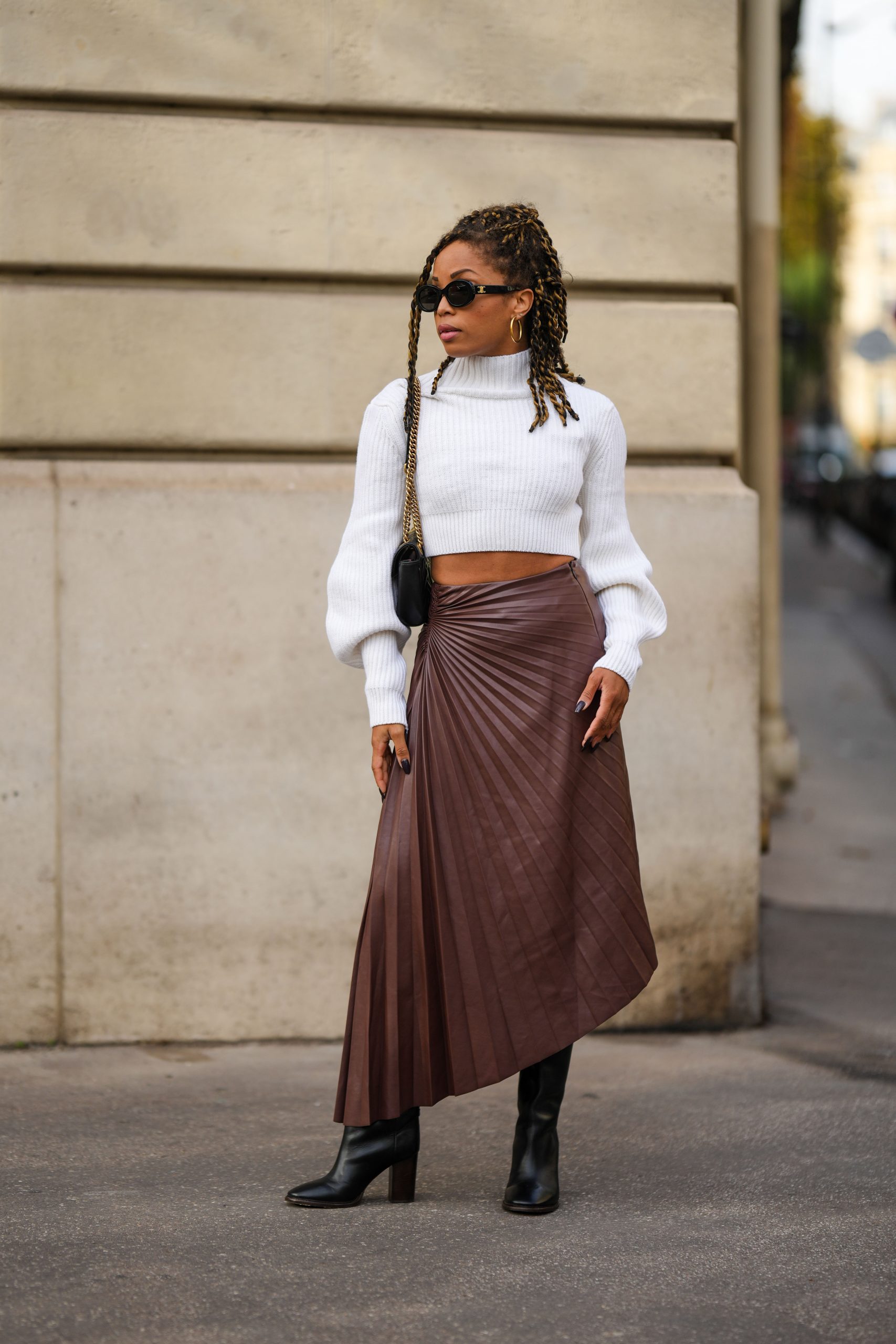 Chic Contrast: Brown Pleated Leather Midi with Turtleneck Chic Contrast: Brown Pleated Leather Midi with Turtleneck — Leather Skirt Outfits