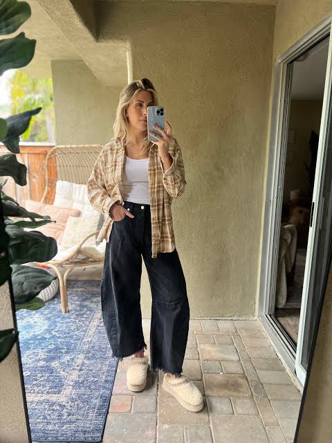 Casual Classic: Beige Ugg Slippers with Plaid Shirt and Wide Jeans Casual Classic: Beige Ugg Slippers with Plaid Shirt and Wide Jeans — Ugg Slippers Outfits