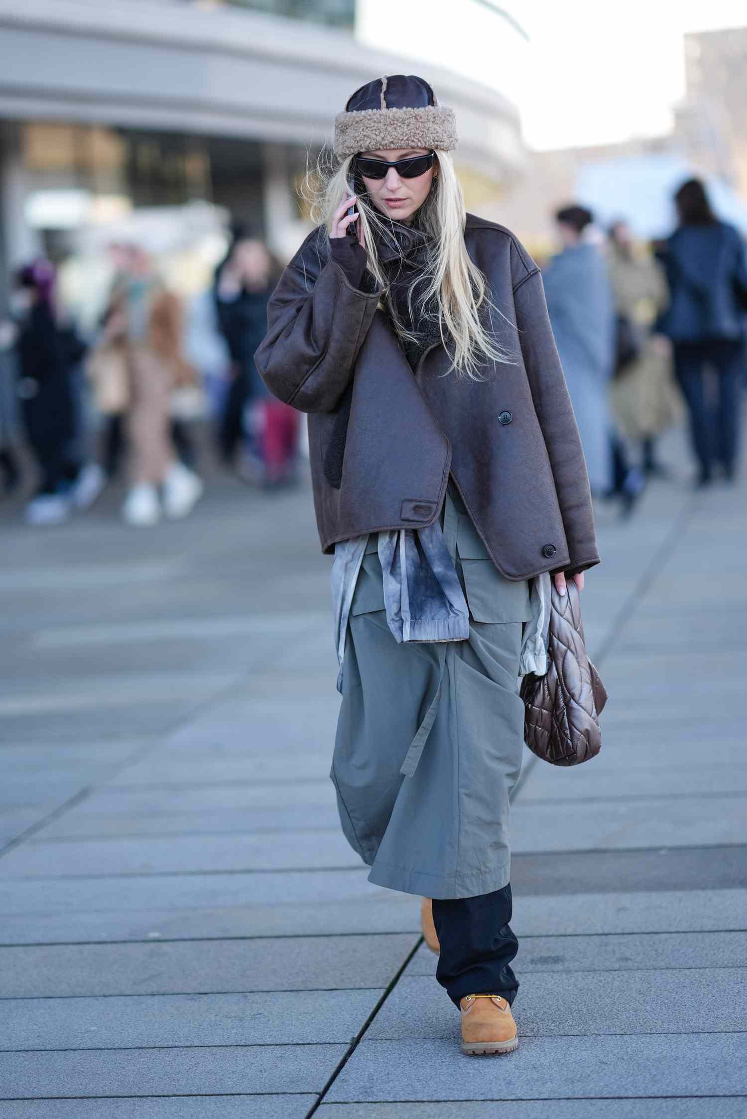 Cold Weather Ready: Tan Timberlands with Shearling Jacket and Grey Skirt — Timberland Boots Outfits