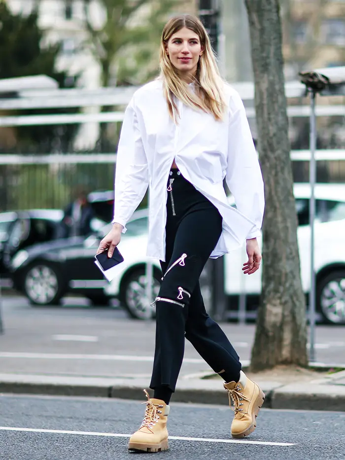 Edgy Street Style: Tan Timberlands with Zipper Pants — Timberland Boots Outfits