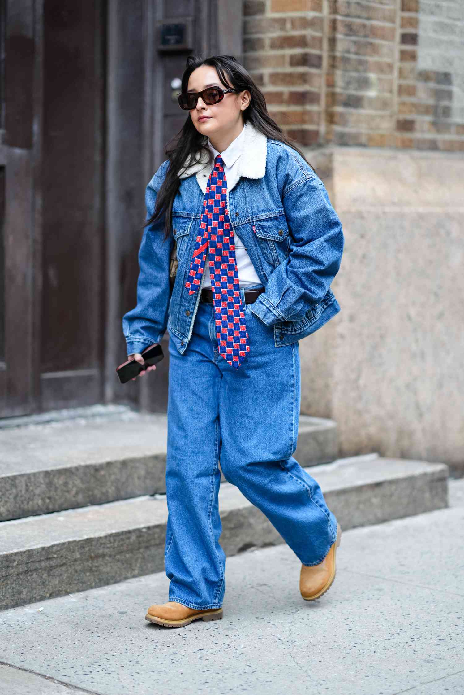 Classic Casual: Tan Timberlands with Denim and Shearling Collar — Timberland Boots Outfits