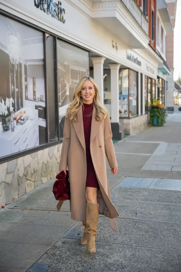 Tan Suede Knee-High Boots with Burgundy Knit Dress and Camel Coat Tan Suede Knee-High Boots with Burgundy Knit Dress and Camel Coat — Suede Boots Outfits
