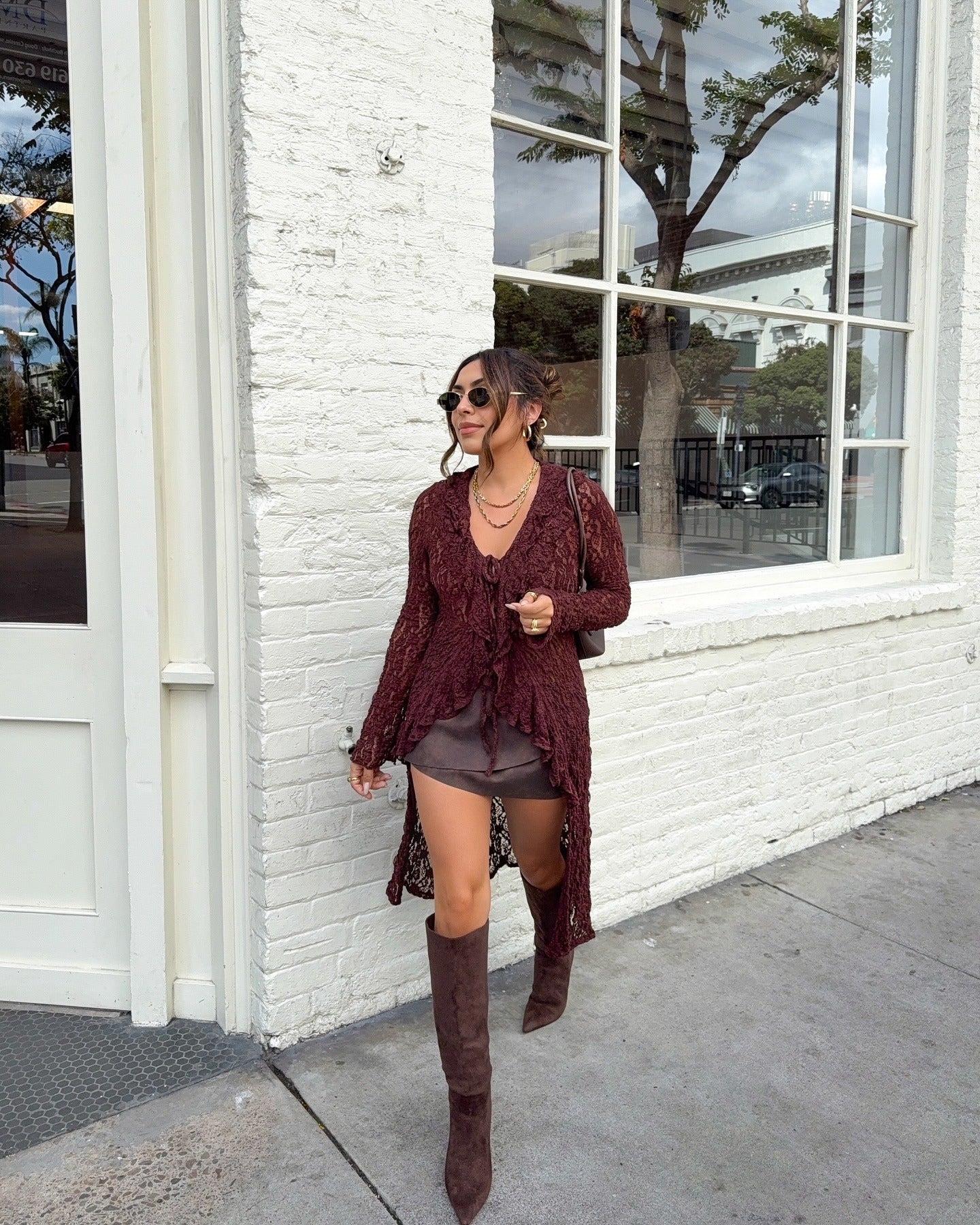 Brown Suede Knee-High Boots with Maroon Cardigan and Satin Shorts Brown Suede Knee-High Boots with Maroon Cardigan and Satin Shorts — Suede Boots Outfits