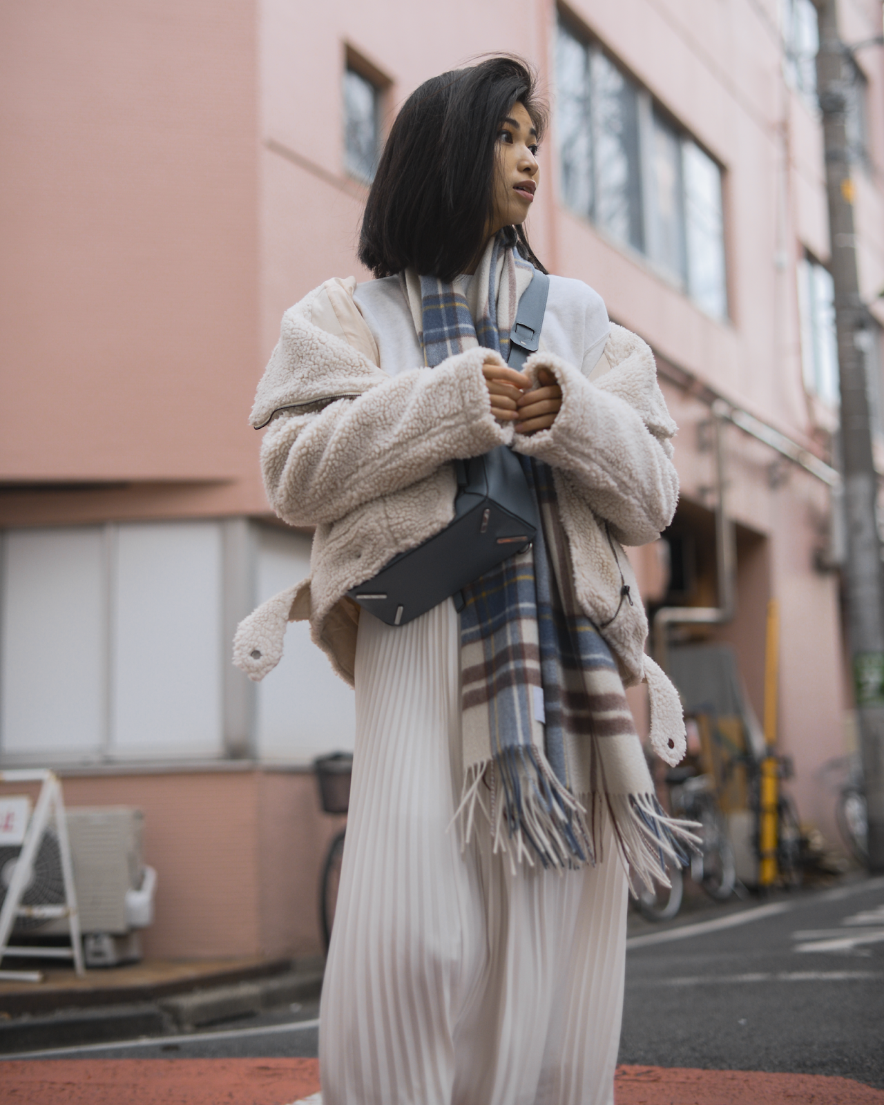 Blue and Brown Plaid Scarf with Shearling Jacket Blue and Brown Plaid Scarf with Shearling Jacket — Scarf Outfits