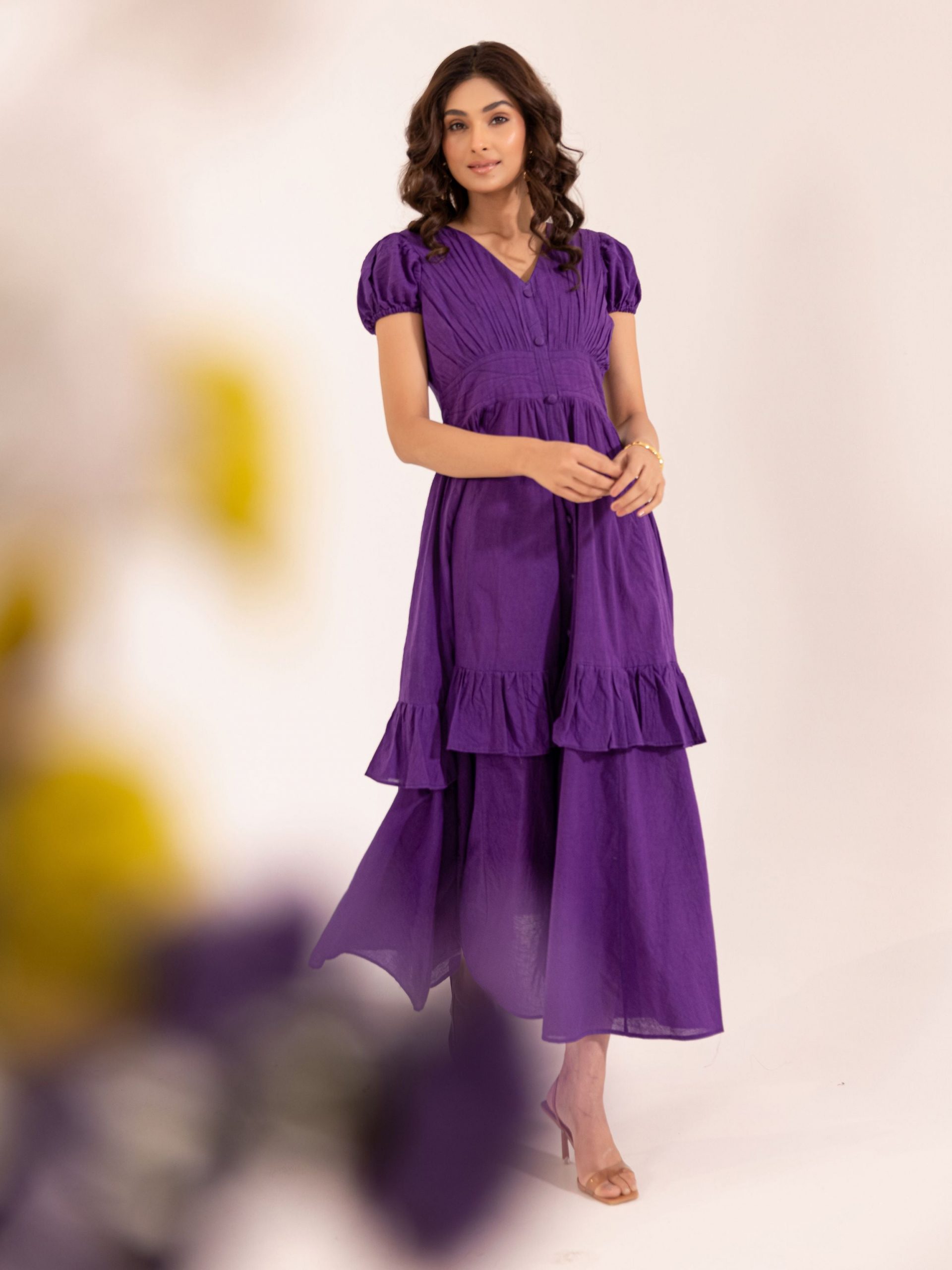 Casual Royal Purple Tiered Maxi Dress with Puff Sleeves Casual Royal Purple Tiered Maxi Dress with Puff Sleeves — Royal Purple Outfits
