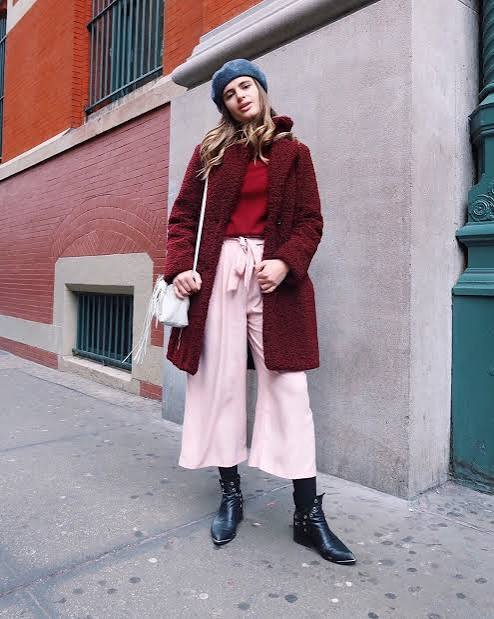 Bold Pink Cropped Pants Paired with Burgundy Textured Coat Bold Pink Cropped Pants Paired with Burgundy Textured Coat — December Outfits
