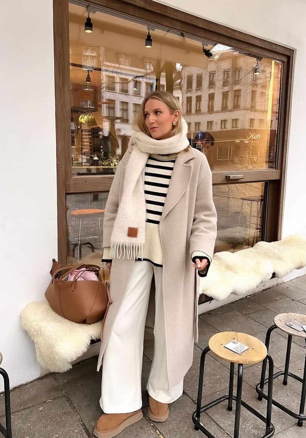 Cream Long Coat Over Striped Sweater and Wide-Leg Trousers Cream Long Coat Over Striped Sweater and Wide-Leg Trousers — December Outfits