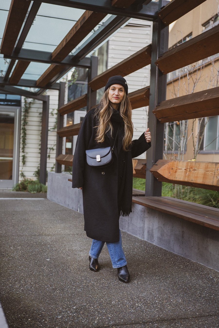 All Black Ensemble with Long Coat and Beanie All Black Ensemble with Long Coat and Beanie — December Outfits