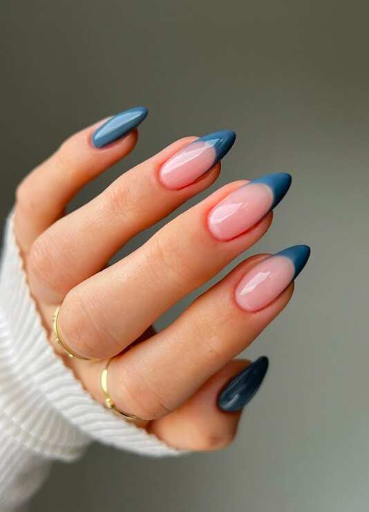 Sheer Pink Deep Blue French Nails — Everyday Winter Nails