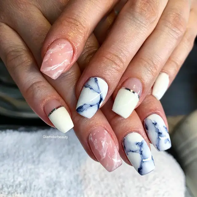 Winter Marble Navy Pink White Foil — Winter Marble Nails