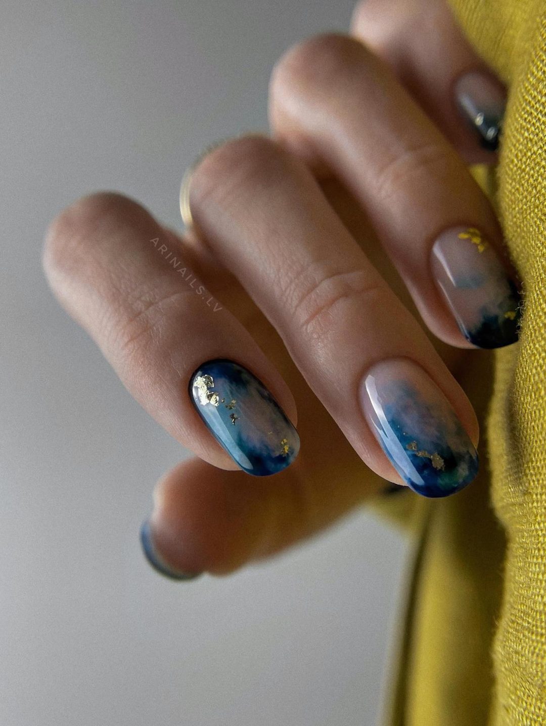 Abstract Teal Nude Blue Marble Gold Foil — Winter Marble Nails