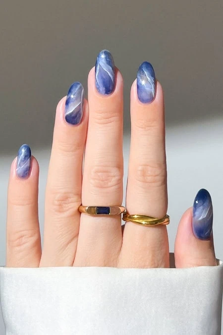 Deep Blue White Silver Marble Ovals — Winter Marble Nails