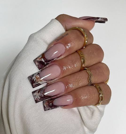Pink White Brown Marble Tip Long Squares — Winter Marble Nails