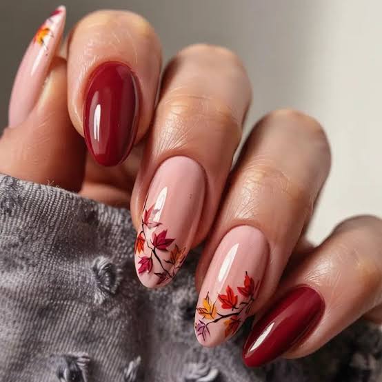 Deep Red Fall Leaf Decal Nails Deep Red Fall Leaf Decal Nails — Fall to Winter Nails