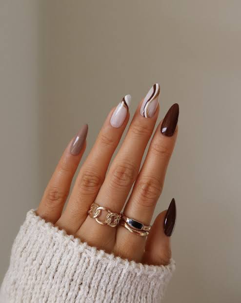 Dark Brown Abstract Swirl Almond Nails Dark Brown Abstract Swirl Almond Nails — Fall to Winter Nails