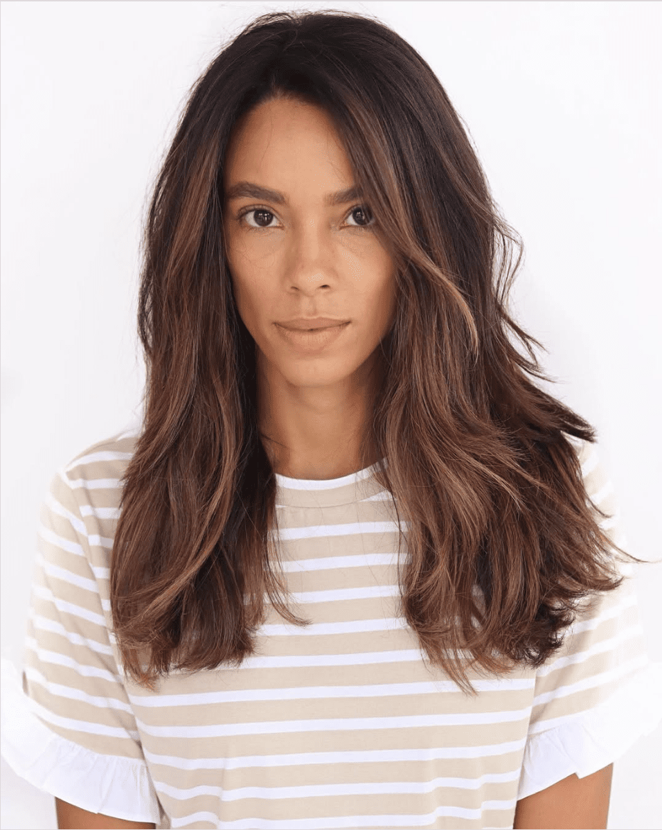 Dark Brown With Caramel Highlights — A Woman With Long Winter Hair Colors for Plus Size Women
