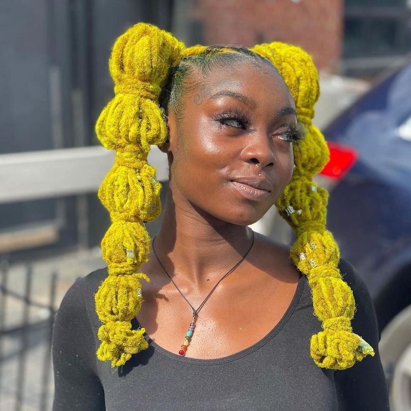 Vibrant Yellow Bubble Pigtails Vibrant Yellow Bubble Pigtails — Winter Loc Styles