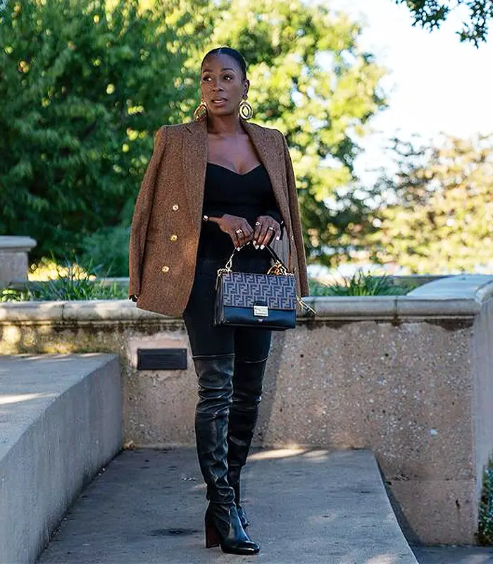 Tweed Blazer and Over-the-Knee Boots for a Chic Evening Look Tweed Blazer and Over-the-Knee Boots for a Chic Evening Look — Winter Club Outfits