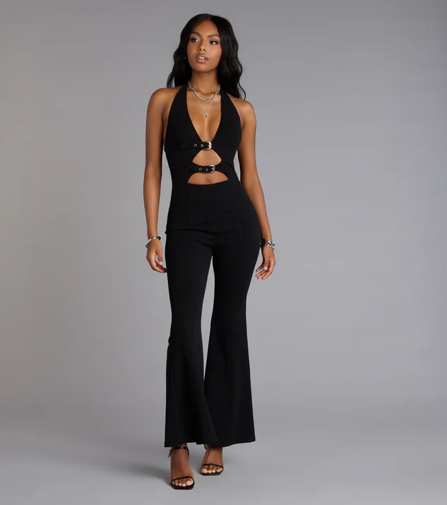 Cut-Out Halterneck Jumpsuit with Flared Legs for Clubbing Cut-Out Halterneck Jumpsuit with Flared Legs for Clubbing — Winter Club Outfits