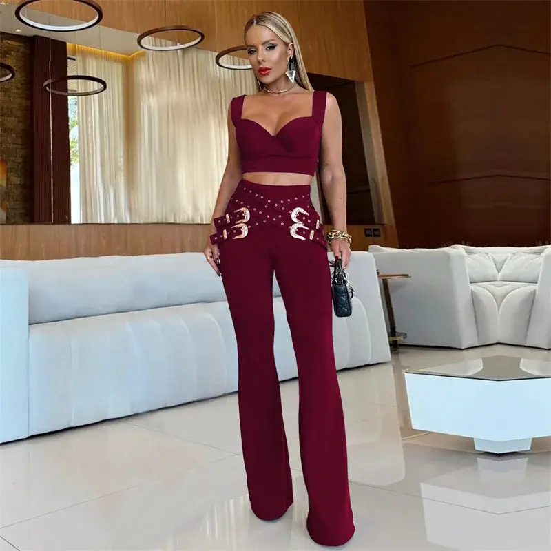 Burgundy Two-Piece with Embellished Trousers for Clubbing Burgundy Two-Piece with Embellished Trousers for Clubbing — Winter Club Outfits