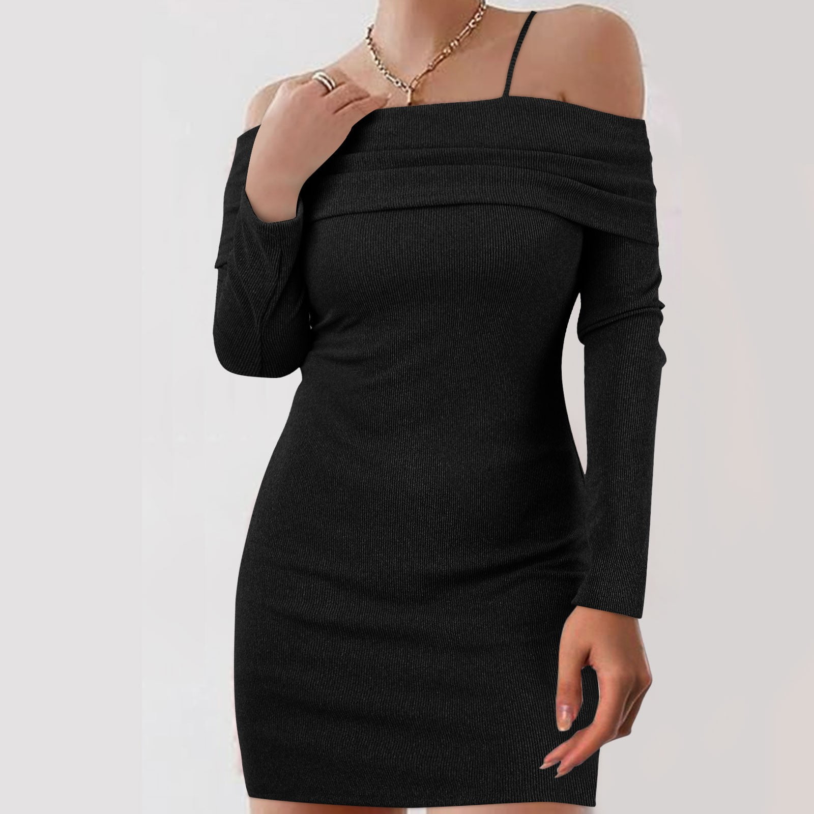 Black Ribbed Knit Off-Shoulder Sweater Dress for a Club Night Black Ribbed Knit Off-Shoulder Sweater Dress for a Club Night — Winter Club Outfits