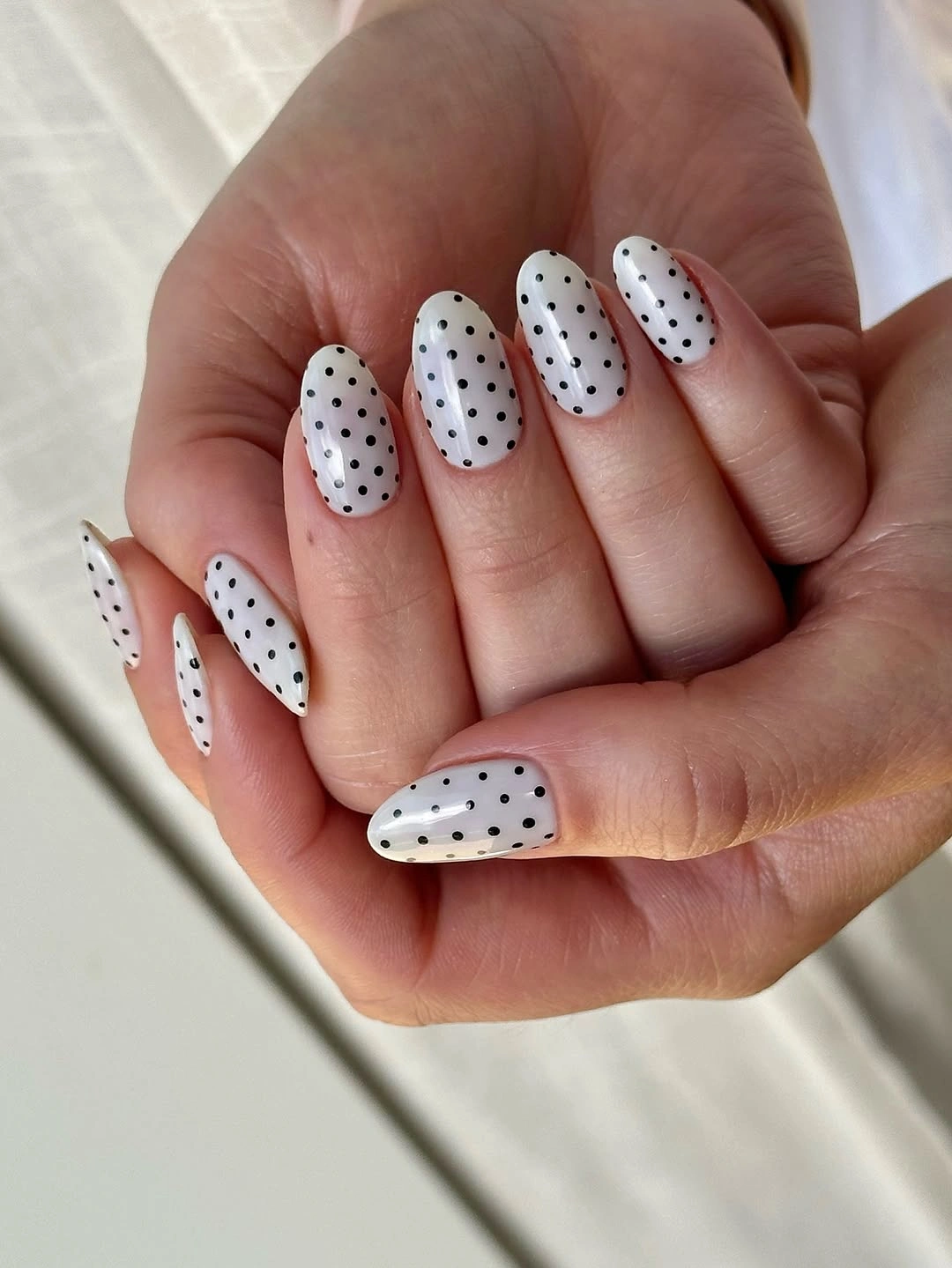 Medium oval white nails with evenly spaced black polka dots