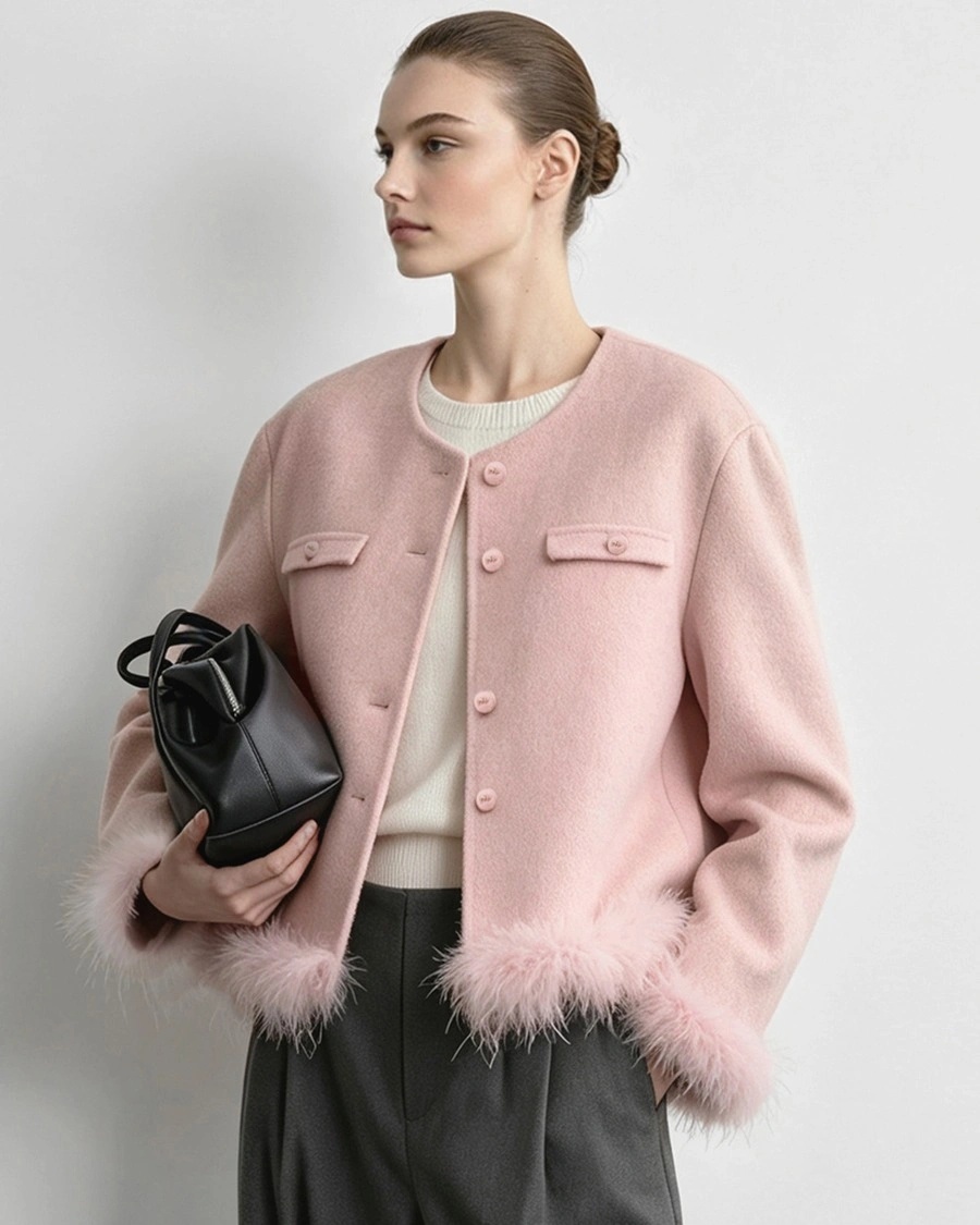Blush pink cropped jacket with fluffy cuffs black bag and gray trousers