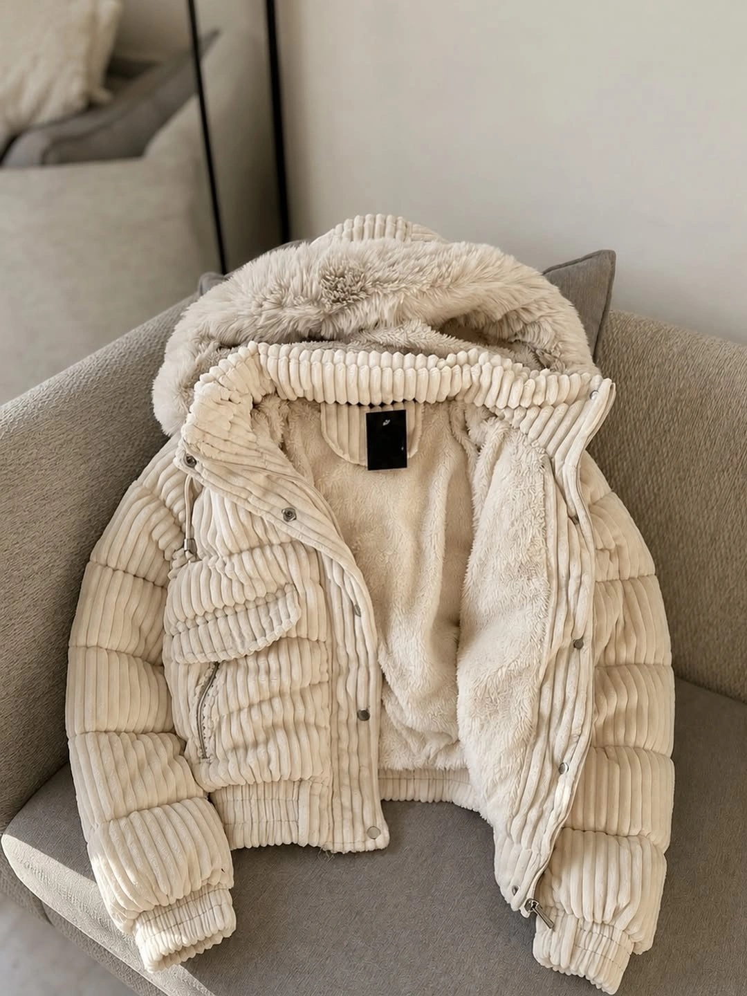 Cream textured hooded jacket arranged on a chair