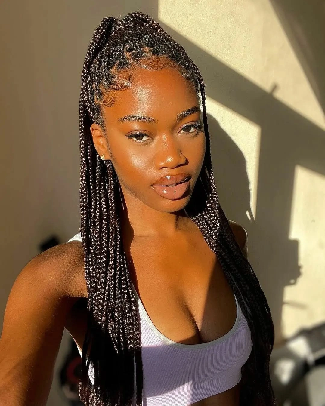 Long small braids with gathered crown and laid edges
