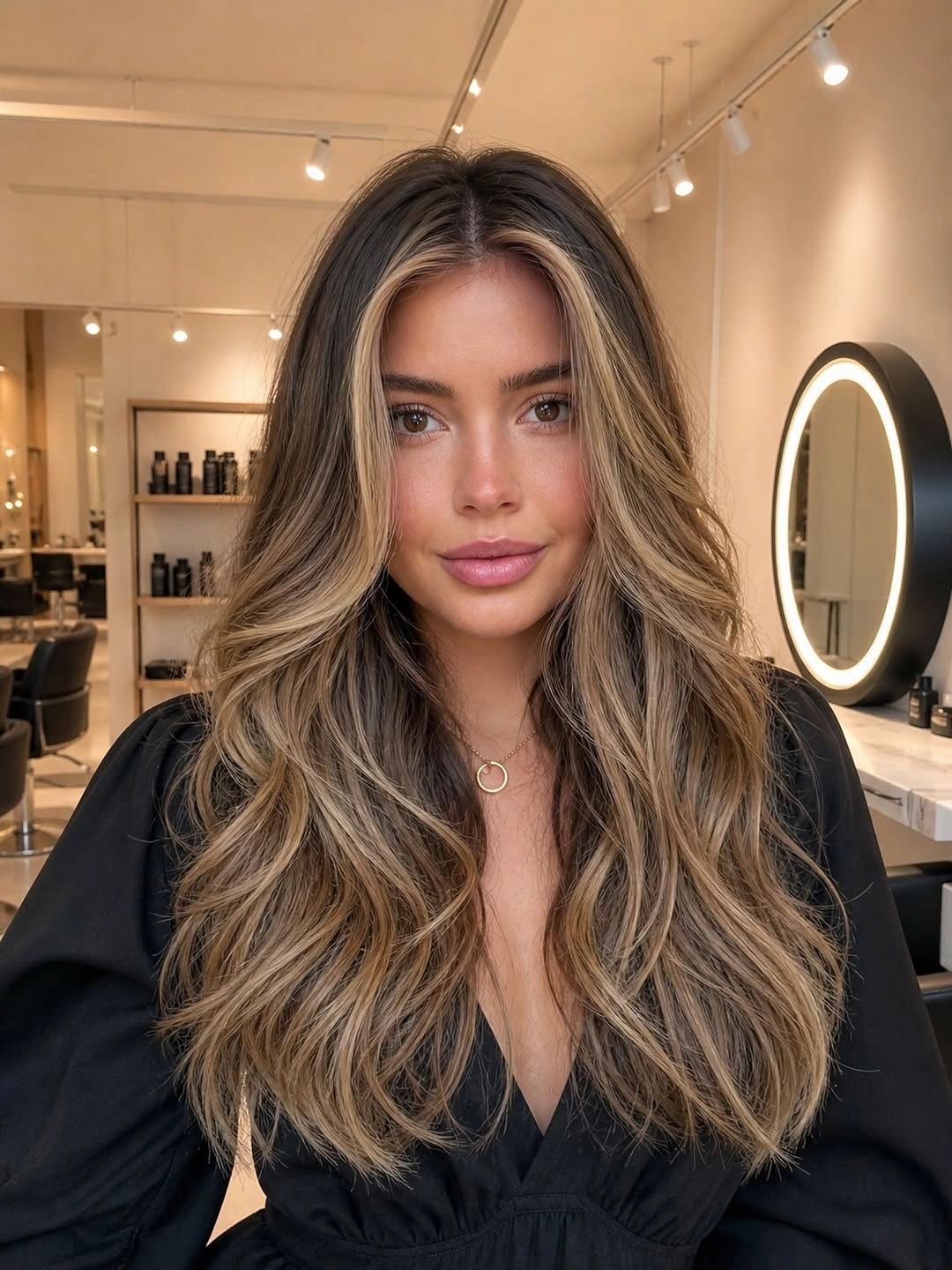 Medium-long bronde hair with lighter front sections and relaxed waves