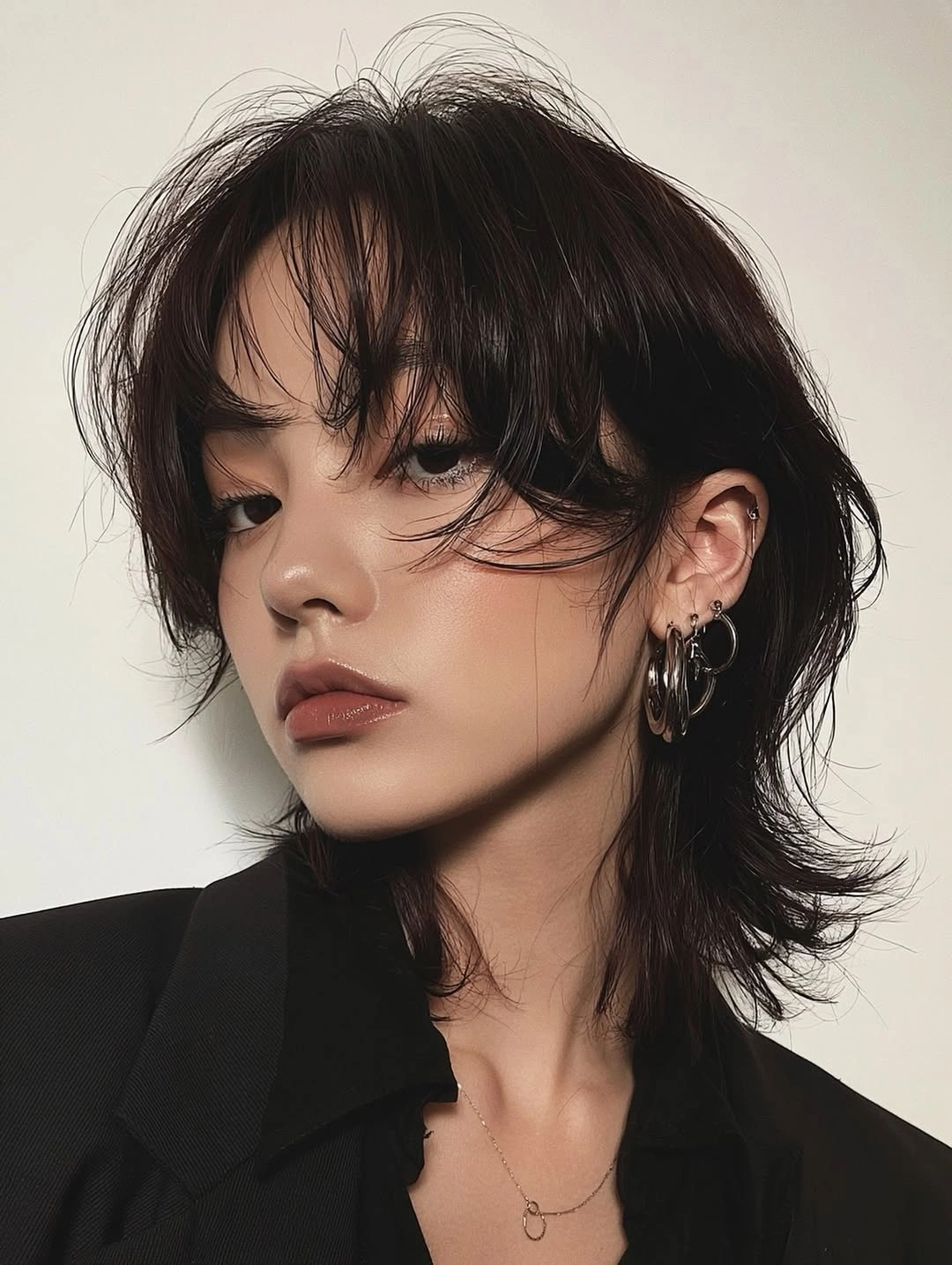 Dark short-to-medium hair with broken fringe and outward-flicked ends