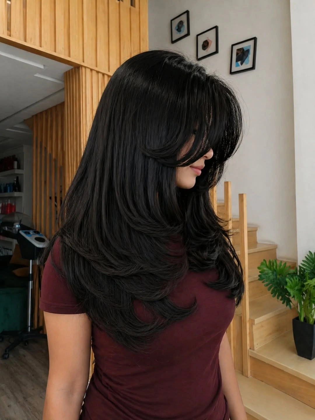 Black medium-long hair with curtain fringe and outward feathered ends