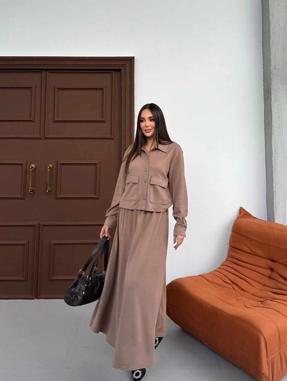 Taupe cropped pocket jacket with matching long skirt